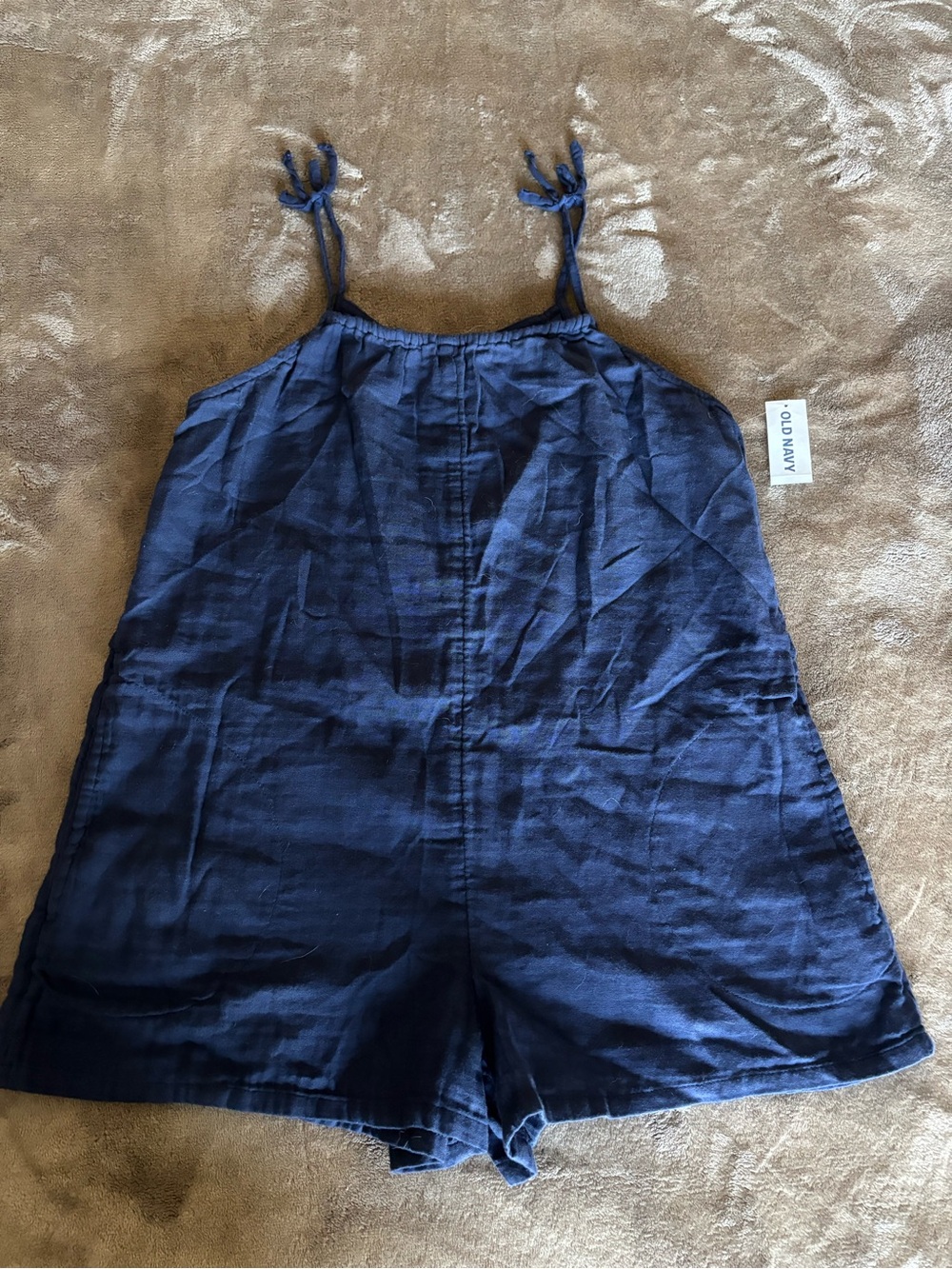 NWT Old Navy Navy Blue Non-Adjustable Tie-Strap Linen-Blend Girls Romper